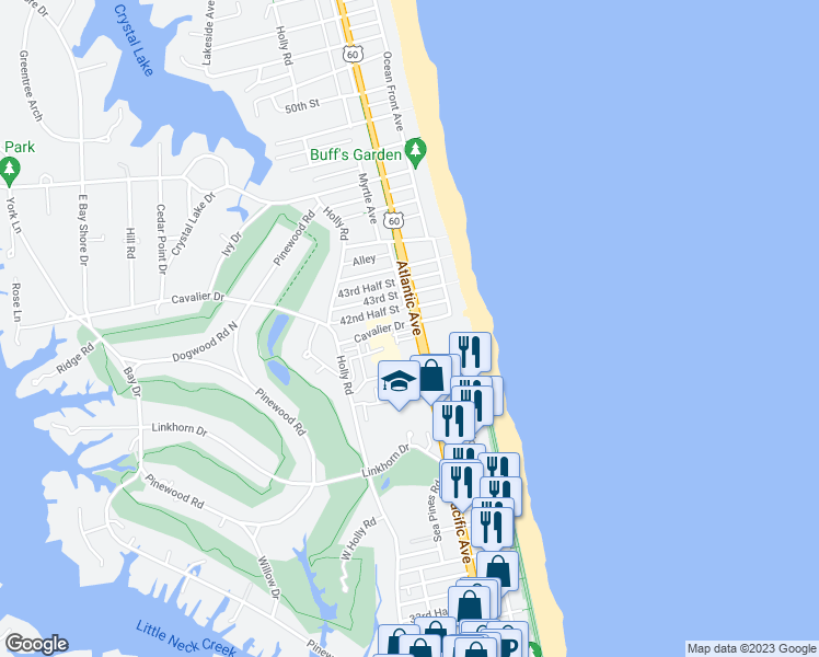 map of restaurants, bars, coffee shops, grocery stores, and more near 205 Cavalier Drive in Virginia Beach