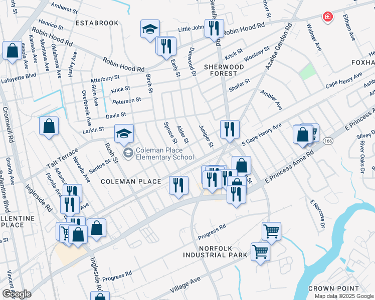 map of restaurants, bars, coffee shops, grocery stores, and more near 2327 Alder Street in Norfolk