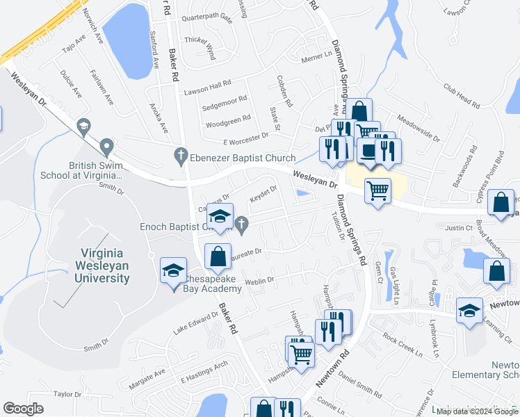 map of restaurants, bars, coffee shops, grocery stores, and more near 5534 Old Guard Crescent in Virginia Beach