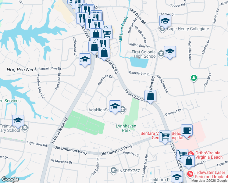 map of restaurants, bars, coffee shops, grocery stores, and more near 1313 Paramore Drive in Virginia Beach