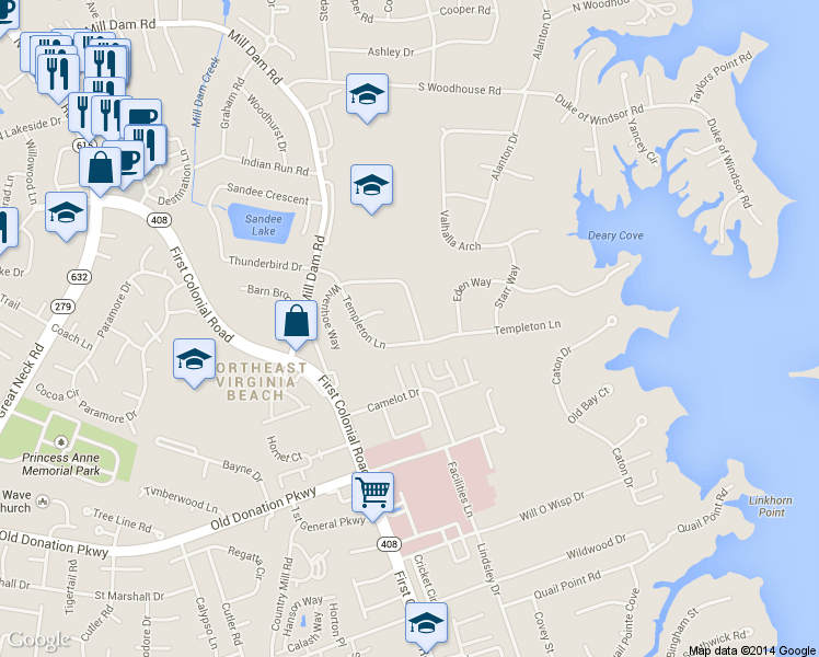 map of restaurants, bars, coffee shops, grocery stores, and more near 1105 Wivenhoe Way in Virginia Beach