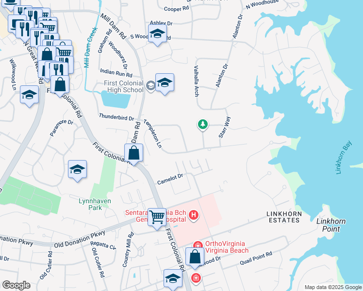 map of restaurants, bars, coffee shops, grocery stores, and more near 1105 Wivenhoe Way in Virginia Beach