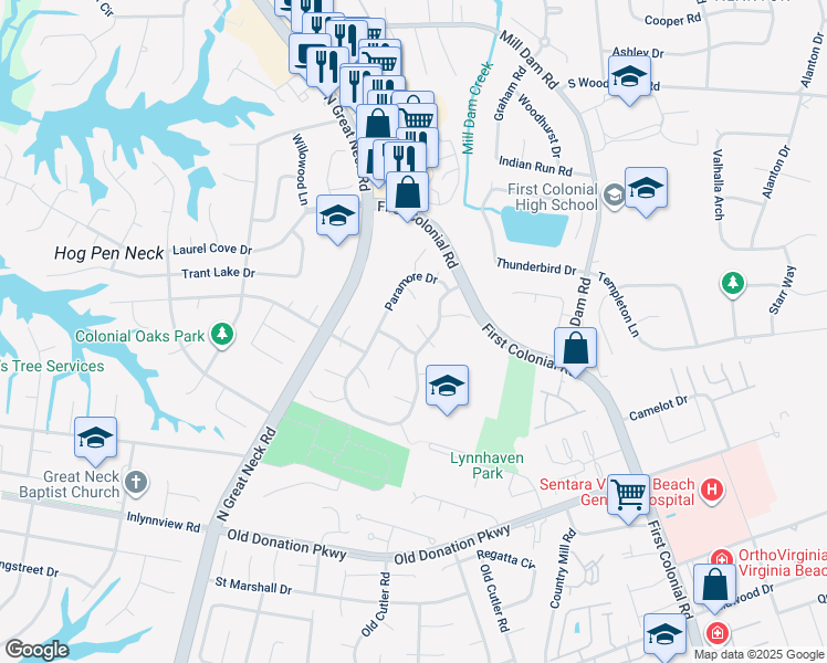 map of restaurants, bars, coffee shops, grocery stores, and more near 1205 Nathaniel Court in Virginia Beach