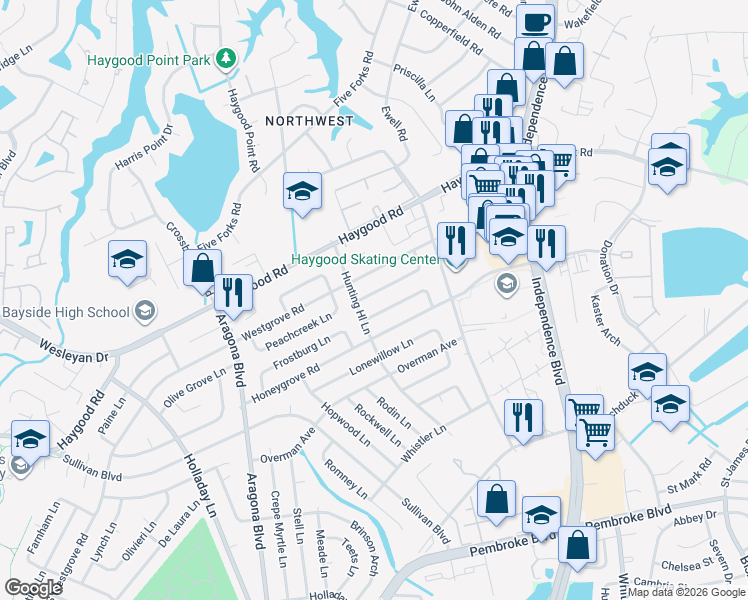 map of restaurants, bars, coffee shops, grocery stores, and more near 4757 Deerfield Lane in Virginia Beach