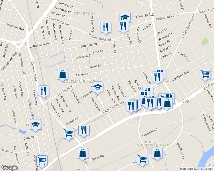 map of restaurants, bars, coffee shops, grocery stores, and more near 2448 Palmyra Street in Norfolk