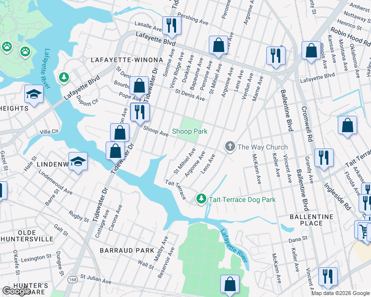 map of restaurants, bars, coffee shops, grocery stores, and more near 2725 Saint Mihiel Avenue in Norfolk