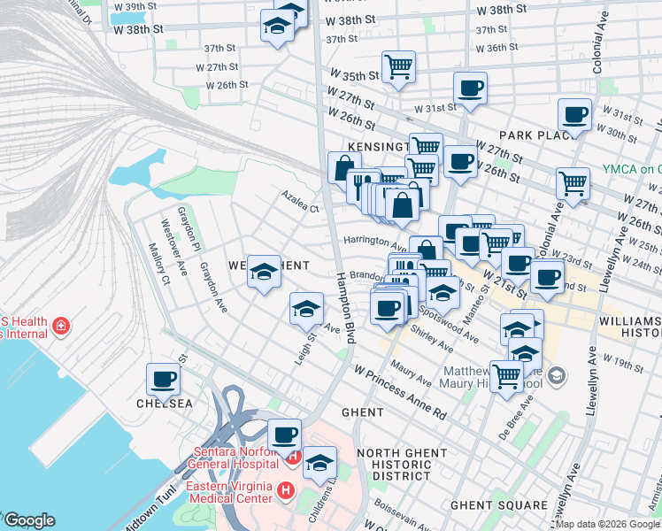 map of restaurants, bars, coffee shops, grocery stores, and more near 1016 Brandon Avenue in Norfolk