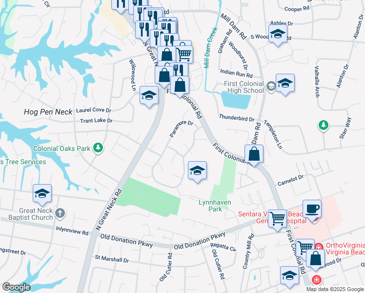 map of restaurants, bars, coffee shops, grocery stores, and more near 1205 Nathaniel Court in Virginia Beach