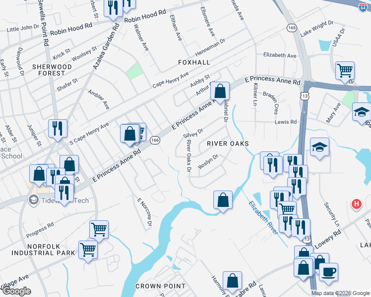 map of restaurants, bars, coffee shops, grocery stores, and more near 1405 River Oaks Drive in Norfolk