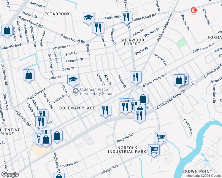 map of restaurants, bars, coffee shops, grocery stores, and more near 2327 Alder Street in Norfolk