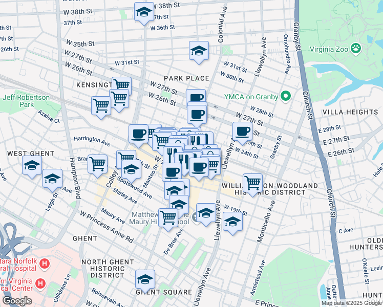 map of restaurants, bars, coffee shops, grocery stores, and more near in Norfolk
