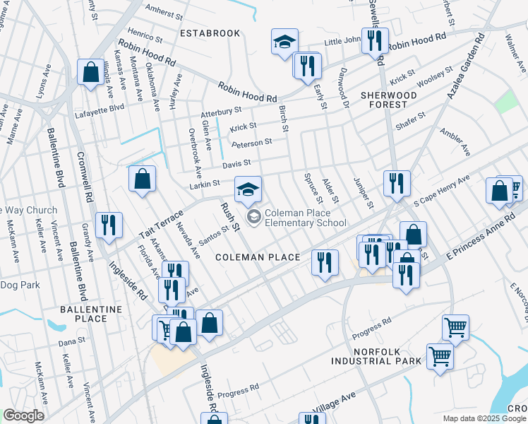 map of restaurants, bars, coffee shops, grocery stores, and more near 2448 Palmyra Street in Norfolk
