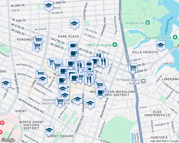 map of restaurants, bars, coffee shops, grocery stores, and more near 237 West 24th Street in Norfolk