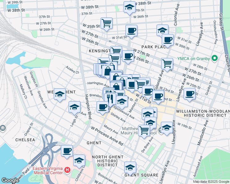 map of restaurants, bars, coffee shops, grocery stores, and more near 816 Gates Avenue in Norfolk
