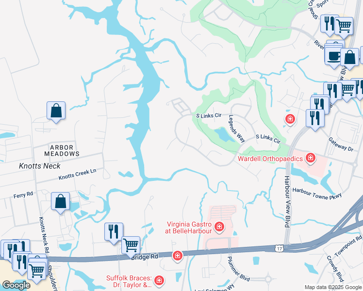 map of restaurants, bars, coffee shops, grocery stores, and more near 5300 S Kemper Lakes Ct in Suffolk