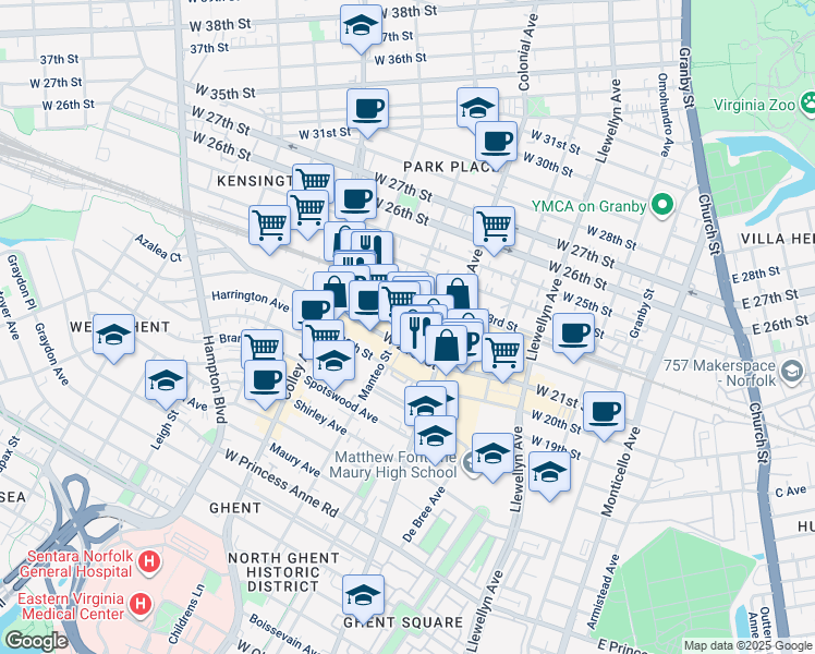map of restaurants, bars, coffee shops, grocery stores, and more near 520 West 21st Street in Norfolk