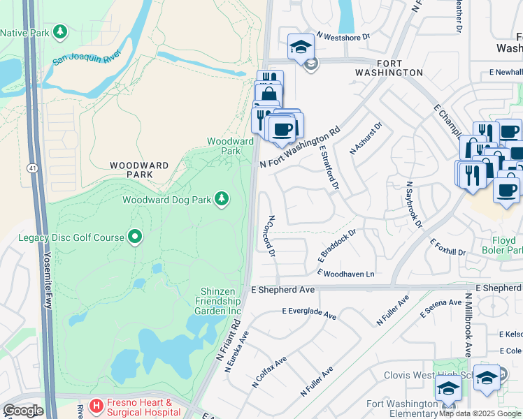 map of restaurants, bars, coffee shops, grocery stores, and more near 9260 North Green Meadows Lane in Fresno