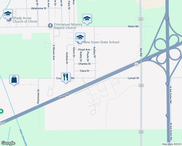 map of restaurants, bars, coffee shops, grocery stores, and more near 316 County Line Road in Sikeston