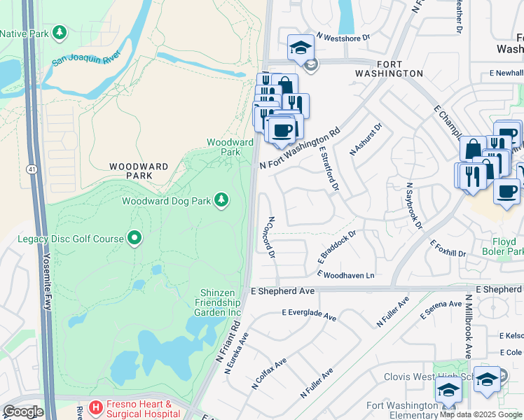 map of restaurants, bars, coffee shops, grocery stores, and more near 9260 North Green Meadows Lane in Fresno
