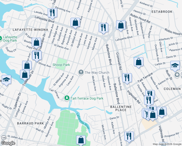 map of restaurants, bars, coffee shops, grocery stores, and more near 2726 McKann Avenue in Norfolk