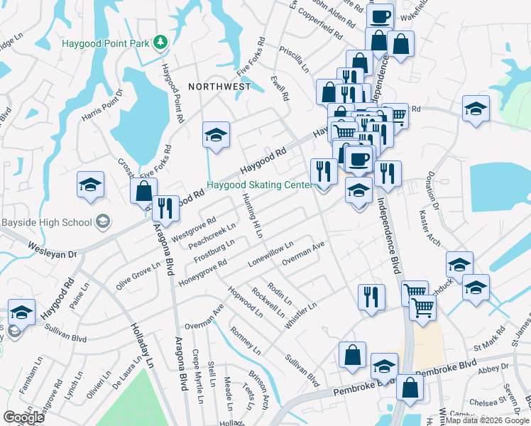 map of restaurants, bars, coffee shops, grocery stores, and more near 4757 Deerfield Lane in Virginia Beach