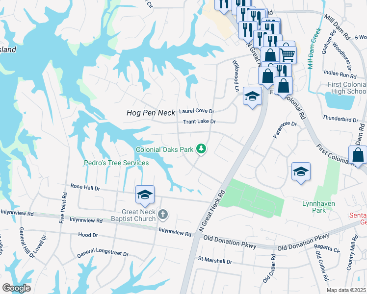 map of restaurants, bars, coffee shops, grocery stores, and more near 1270 Meadow Lake Road in Virginia Beach