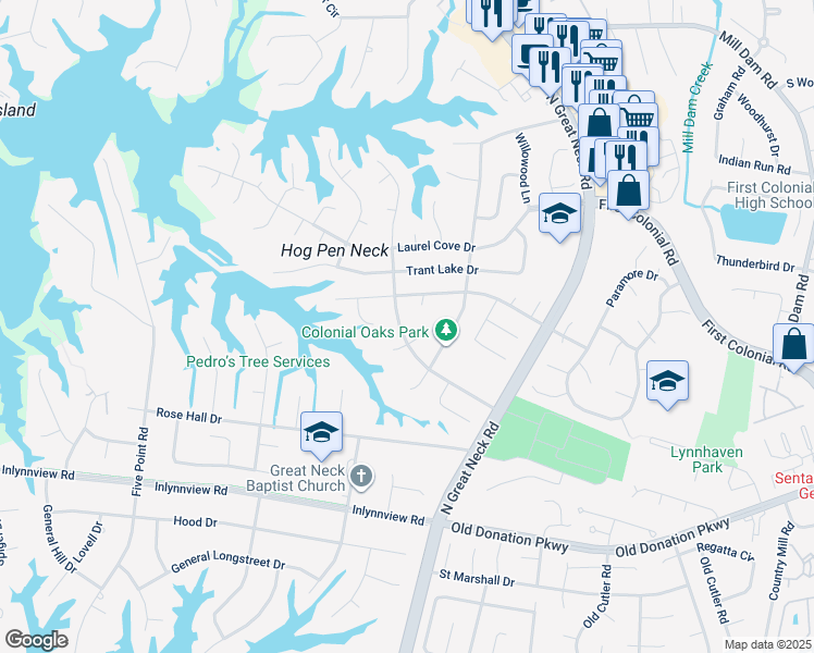 map of restaurants, bars, coffee shops, grocery stores, and more near 1270 Meadow Lake Road in Virginia Beach