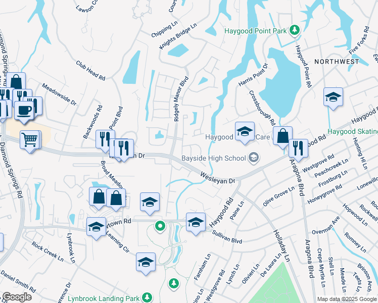 map of restaurants, bars, coffee shops, grocery stores, and more near 1129 Gamston Lane in Virginia Beach