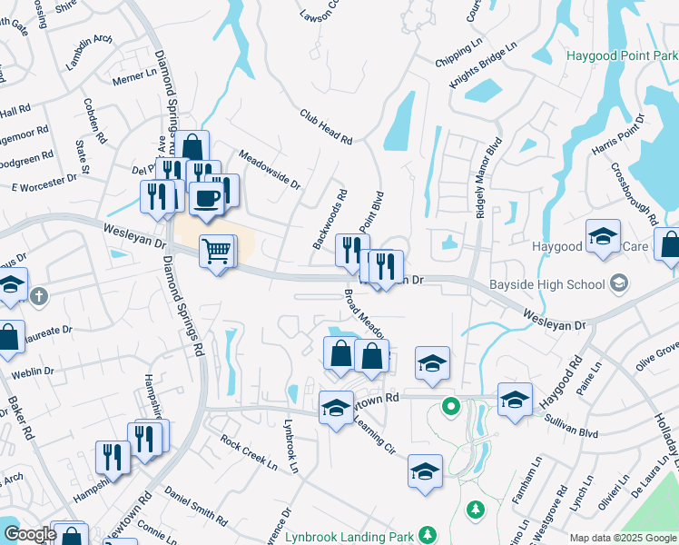 map of restaurants, bars, coffee shops, grocery stores, and more near 5315 Kindlewood Drive in Virginia Beach
