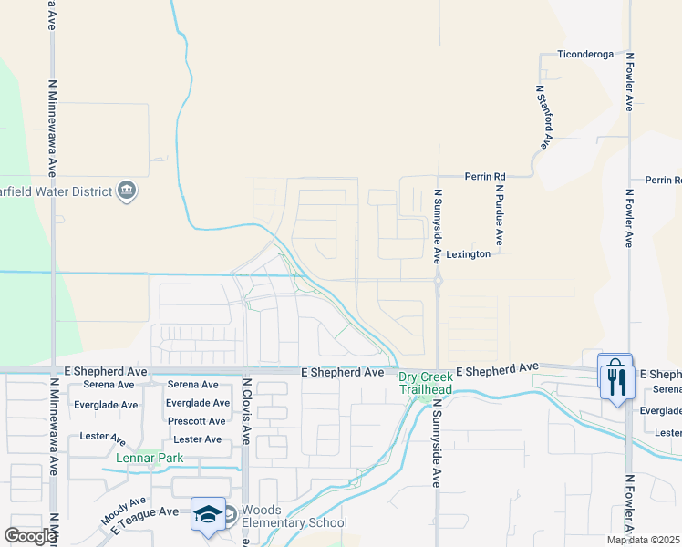 map of restaurants, bars, coffee shops, grocery stores, and more near 4648 East Shepherd Avenue in Clovis