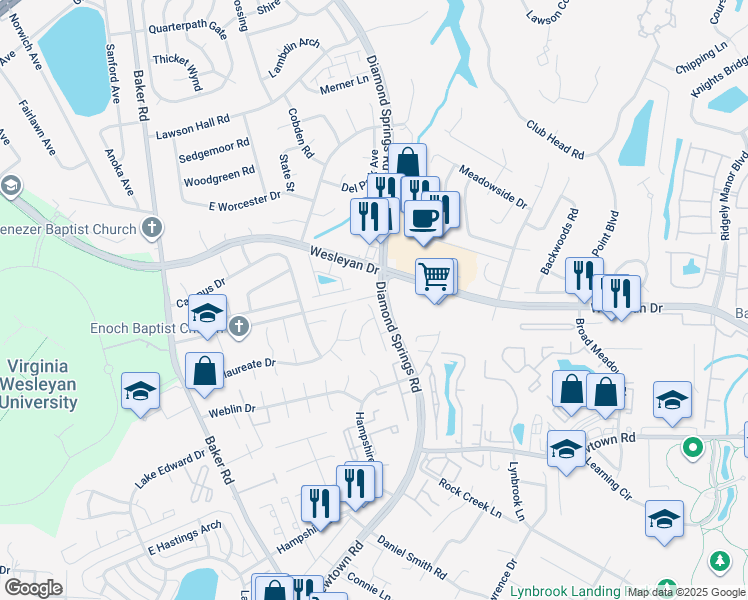 map of restaurants, bars, coffee shops, grocery stores, and more near 5507 Baccalaureate Drive in Virginia Beach