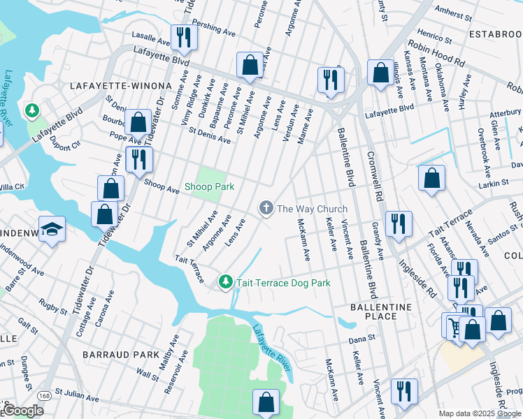 map of restaurants, bars, coffee shops, grocery stores, and more near 2811 Chesapeake Boulevard in Norfolk