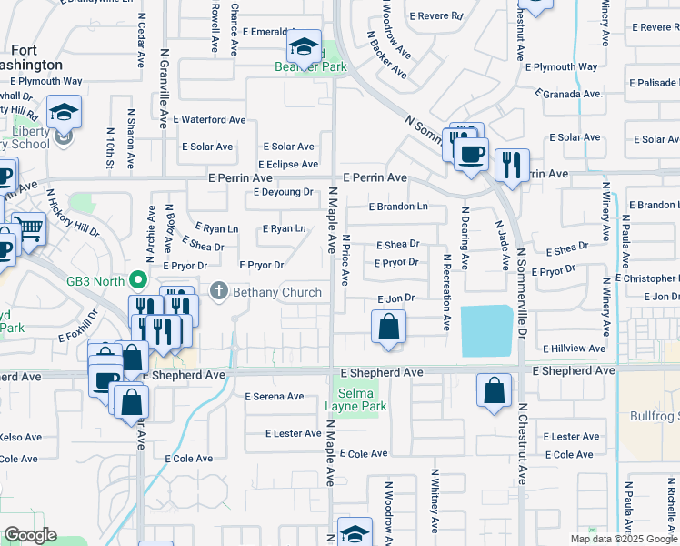 map of restaurants, bars, coffee shops, grocery stores, and more near 9243 North Price Avenue in Fresno