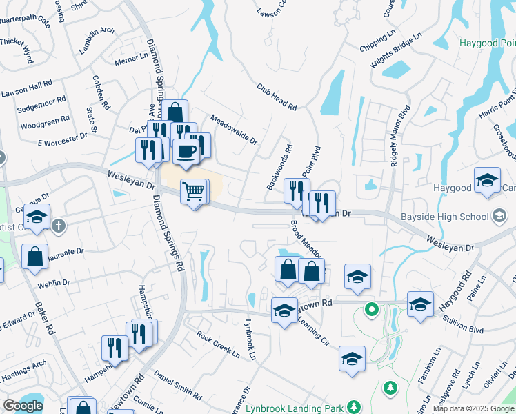 map of restaurants, bars, coffee shops, grocery stores, and more near 5349 Kindlewood Drive in Virginia Beach