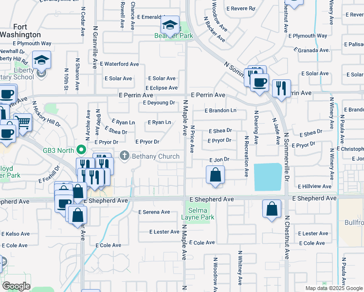 map of restaurants, bars, coffee shops, grocery stores, and more near 9203 North Maple Avenue in Fresno