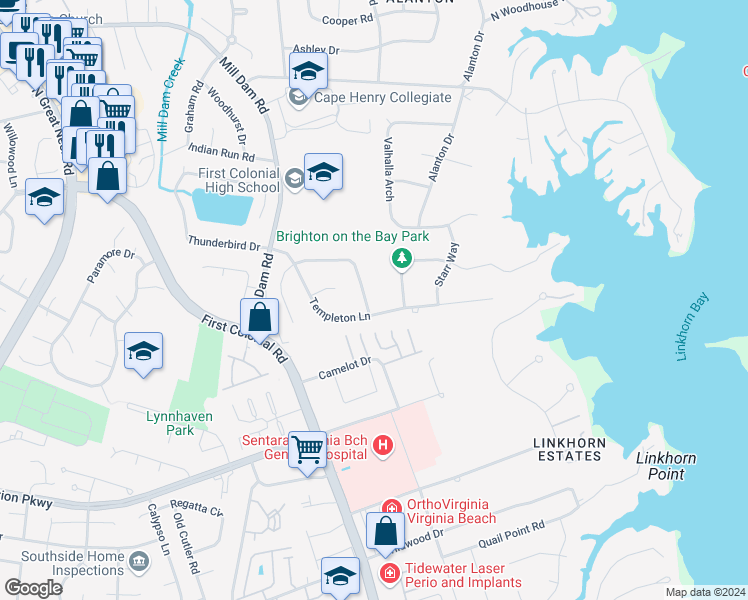 map of restaurants, bars, coffee shops, grocery stores, and more near 1104 Wivenhoe Way in Virginia Beach