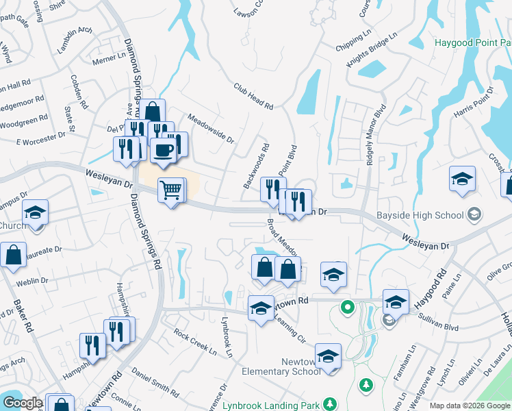 map of restaurants, bars, coffee shops, grocery stores, and more near 5315 Kindlewood Drive in Virginia Beach