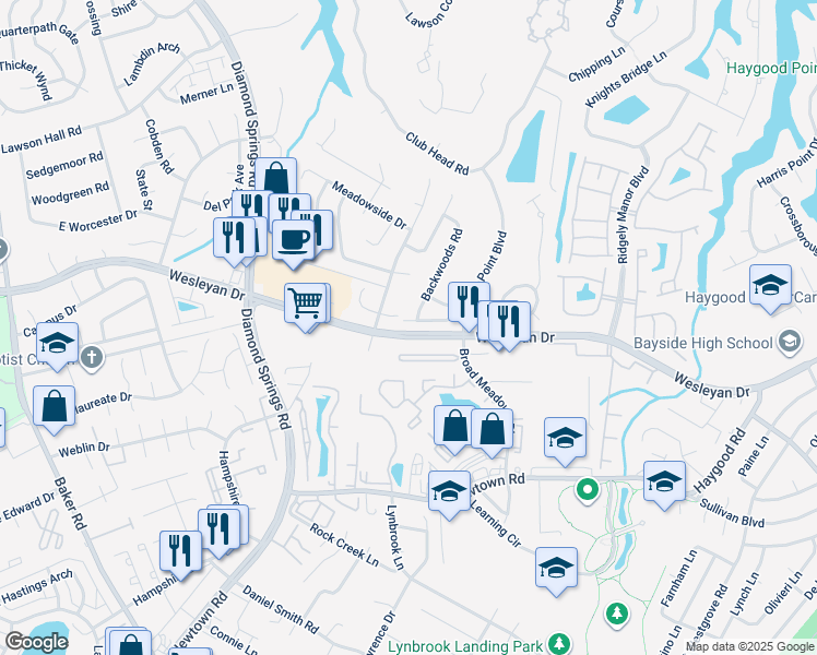 map of restaurants, bars, coffee shops, grocery stores, and more near 5349 Kindlewood Drive in Virginia Beach