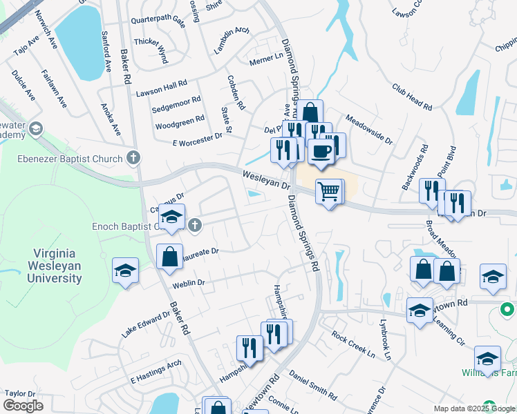 map of restaurants, bars, coffee shops, grocery stores, and more near 5541 Frog Pond Lane in Virginia Beach