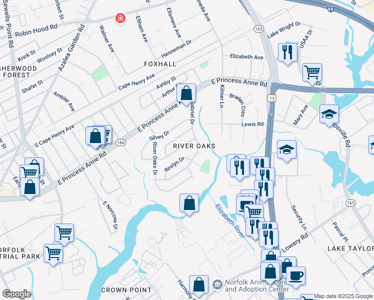 map of restaurants, bars, coffee shops, grocery stores, and more near 5368 Roslyn Drive in Norfolk