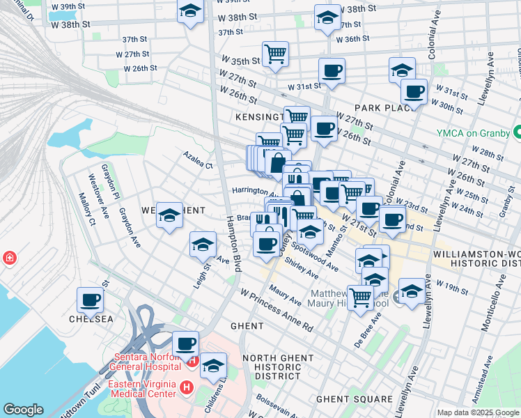 map of restaurants, bars, coffee shops, grocery stores, and more near 900 Brandon Avenue in Norfolk