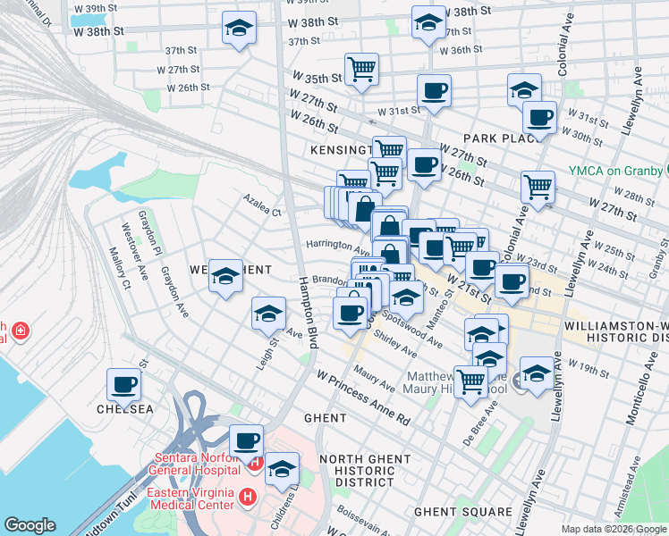 map of restaurants, bars, coffee shops, grocery stores, and more near 900 Brandon Avenue in Norfolk