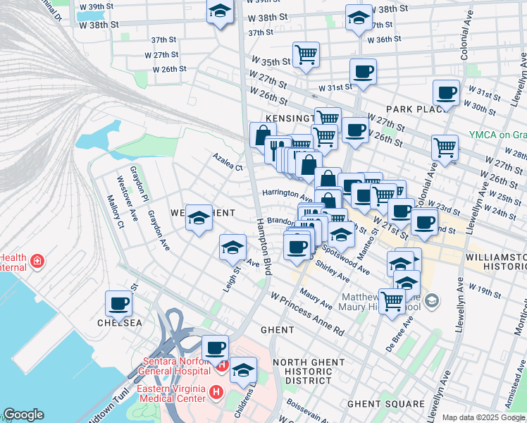 map of restaurants, bars, coffee shops, grocery stores, and more near 1702 Hampton Boulevard in Norfolk
