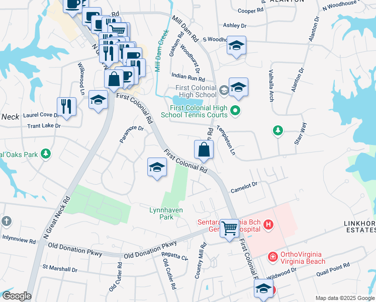 map of restaurants, bars, coffee shops, grocery stores, and more near First Colonial Road in Virginia Beach