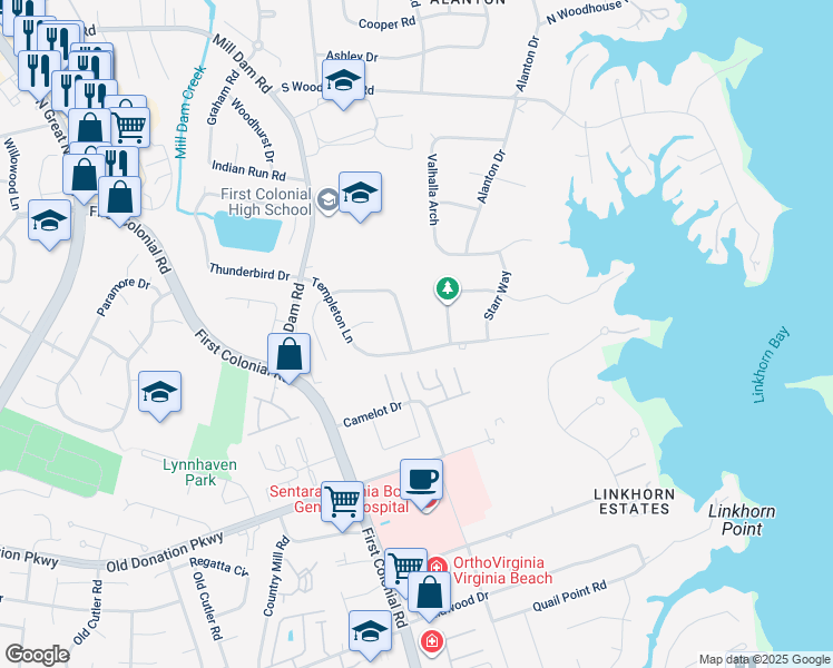 map of restaurants, bars, coffee shops, grocery stores, and more near 1104 Wivenhoe Way in Virginia Beach