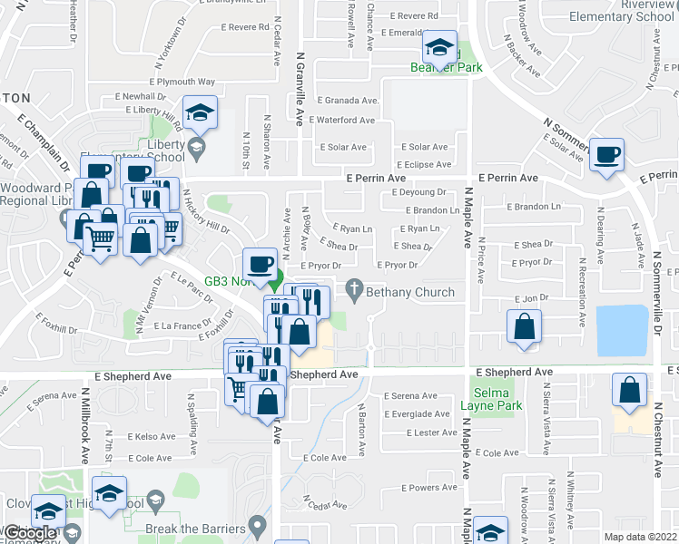 map of restaurants, bars, coffee shops, grocery stores, and more near 1645 East Pryor Drive in Fresno
