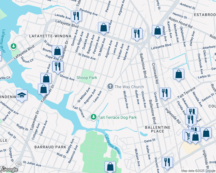 map of restaurants, bars, coffee shops, grocery stores, and more near 2811 Chesapeake Boulevard in Norfolk