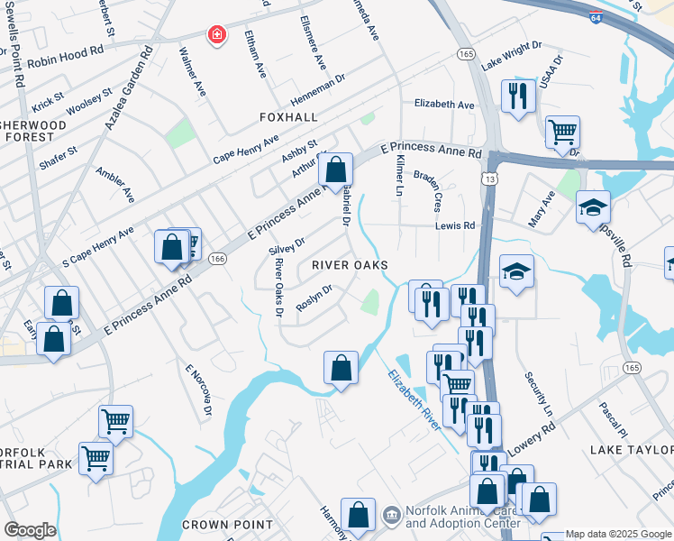 map of restaurants, bars, coffee shops, grocery stores, and more near 5368 Roslyn Drive in Norfolk