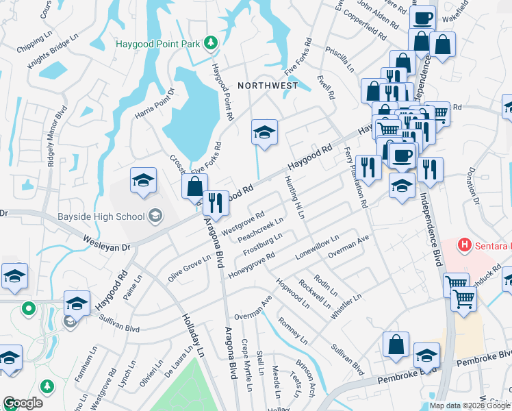 map of restaurants, bars, coffee shops, grocery stores, and more near 4832 Westgrove Road in Virginia Beach