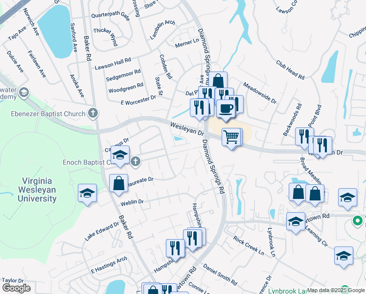 map of restaurants, bars, coffee shops, grocery stores, and more near 5541 Frog Pond Lane in Virginia Beach